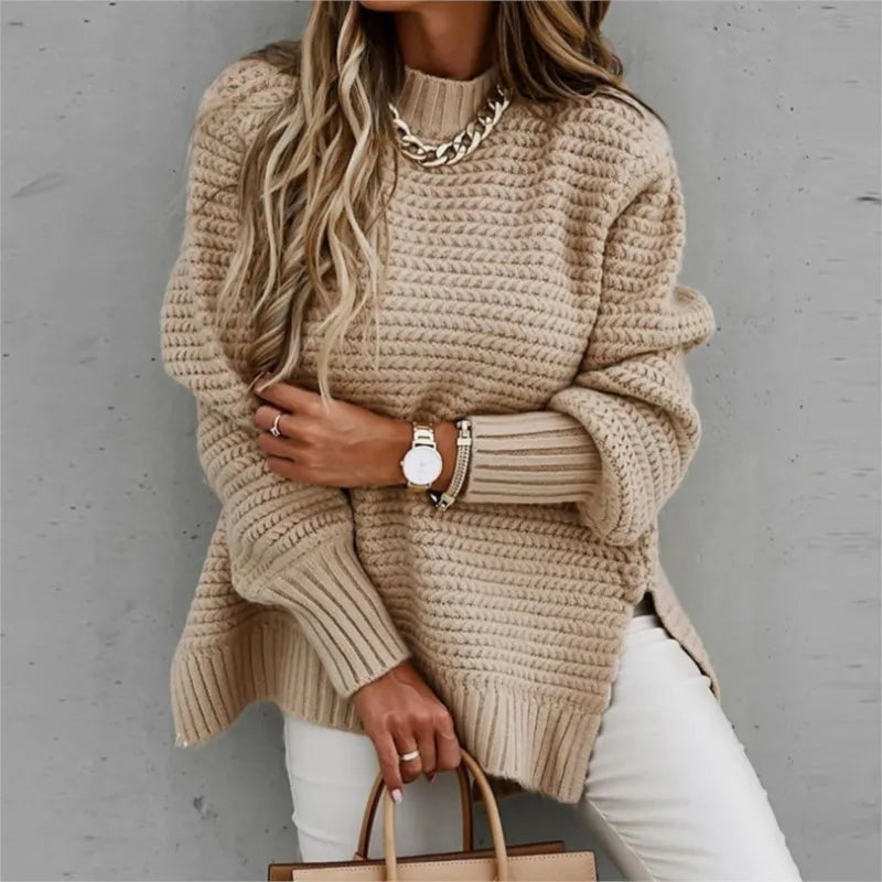 2025 New Loose Split Knitted Long Sleeve Thick Sweater Half High Neck Korean Fashion Pullover Autumn Winter Black Women Clothes