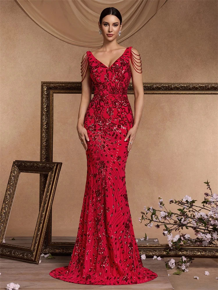 Elegant Deep V-Neck Red Sequin Formal Evening Dresses Women 2024 Beading Wedding Party Mermaid Cocktail Prom Gown