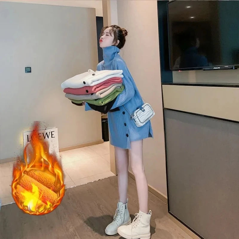 Autumn Winter New Fashion High Neck Mid Length Style Long Sleeve Women's Clothing Sweaters Korean Loose All-match Knitting Tops