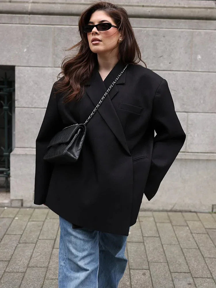 Casual Solid Women Blazer Coat Fashion Lapel Long Sleeve One Button Loose Outerwear Autumn Female Chic High Street Overcoat