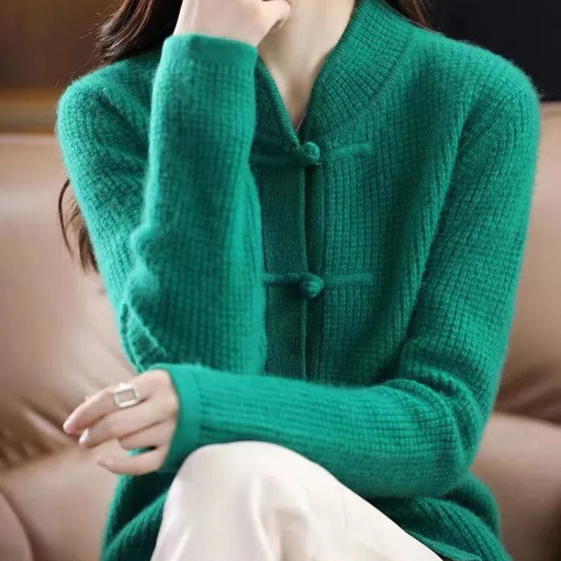 Chinese Style Autumn Winner Sweaters Coats Women Solid Stand-up Collar Frog Vintage Fashion Long Sleeve Cardigan Knitted Tops