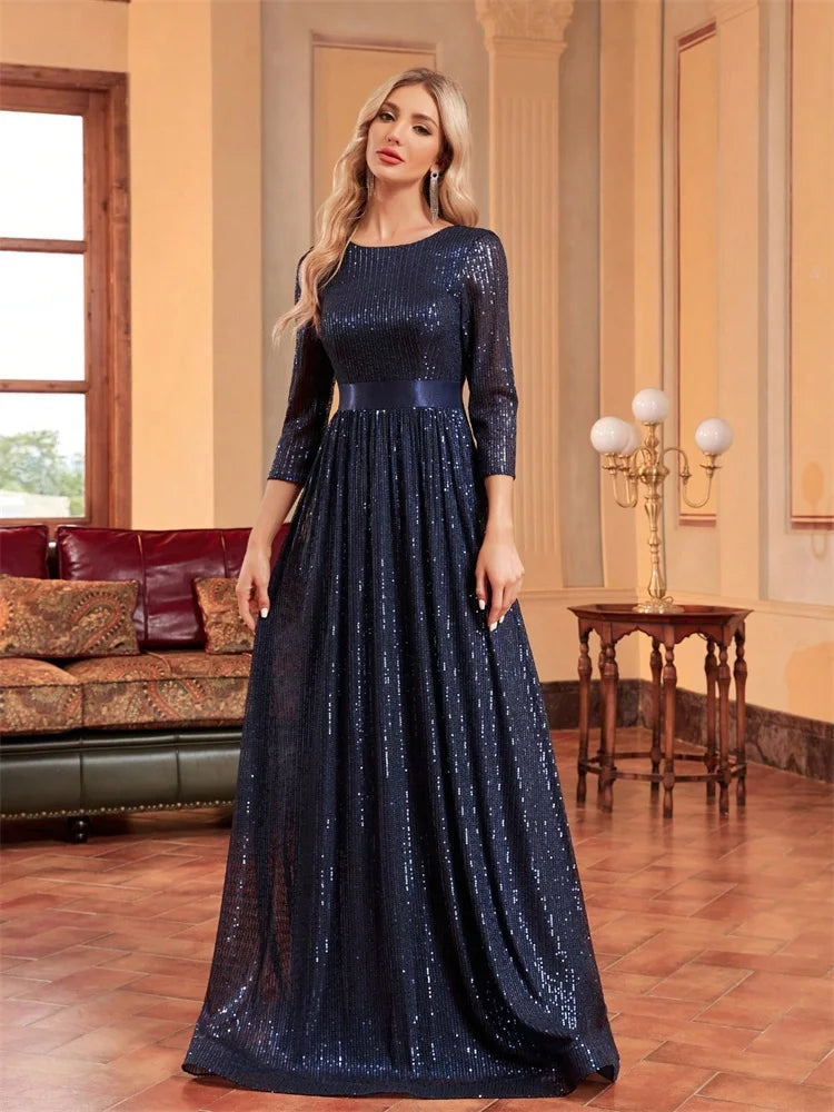 Luxury O-Neck Long Sleeves Blue A-line Sequins Formal Evening Dresses Women V-back Slim Wedding Party Prom Maxi Cocktail Gowns