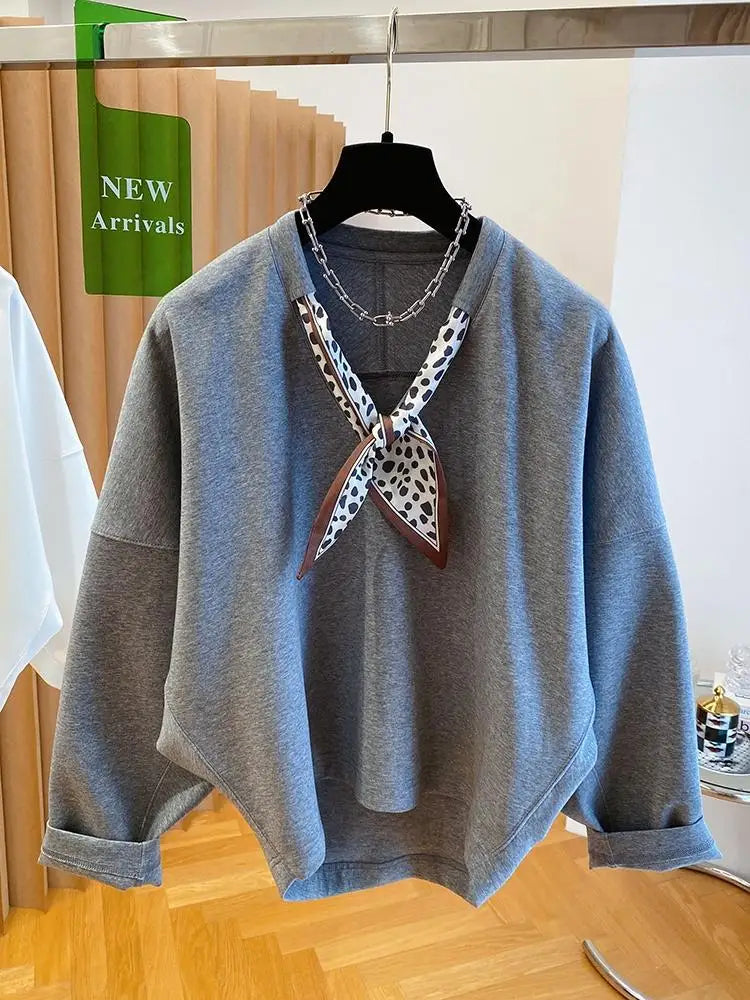 Women's Solid Color Sweatshirt with Scarf V-Neck Long Sleeve Pullover Tops Loose Casual Hoodie Woman Clothing