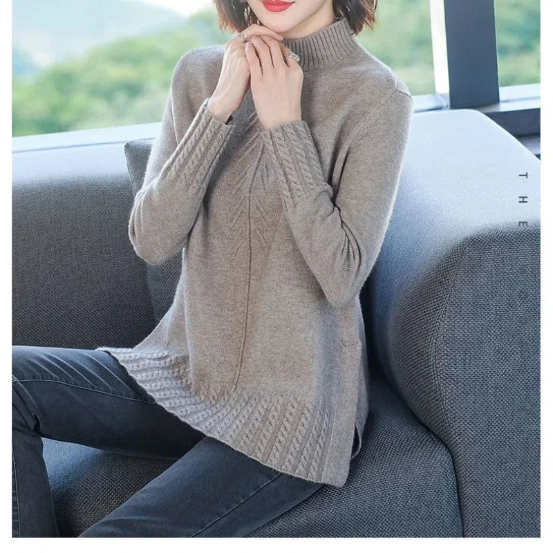 Women's Clothing Autumn Winter Round Neck Solid Color Pullover Long Sleeve Screw Thread Sweater Knitted Elegant Korean Tops