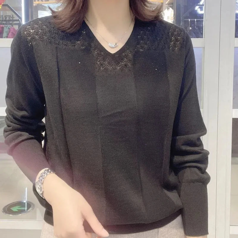 Korean Autumn/Winter New Sweaters Women's V-Neck Solid Hollow Out Simplicity Versatile Loose Long Sleeve Pullovers Knitted Tops