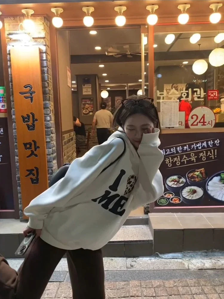 Korean Series Chic Leopard Print Letters Hood White Hoodie Women Autumn and Winter Fleece-lined Thickened Loose Pullover