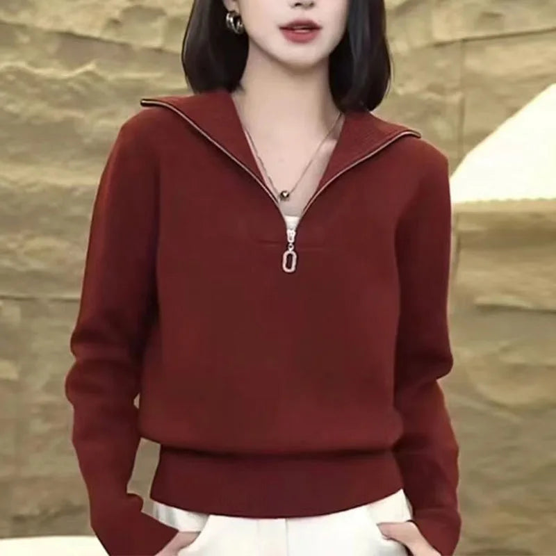 Fashionable Casual Simple Knitted Semi-zipper Solid Color Women's Long-sleeved Base Top Sweater