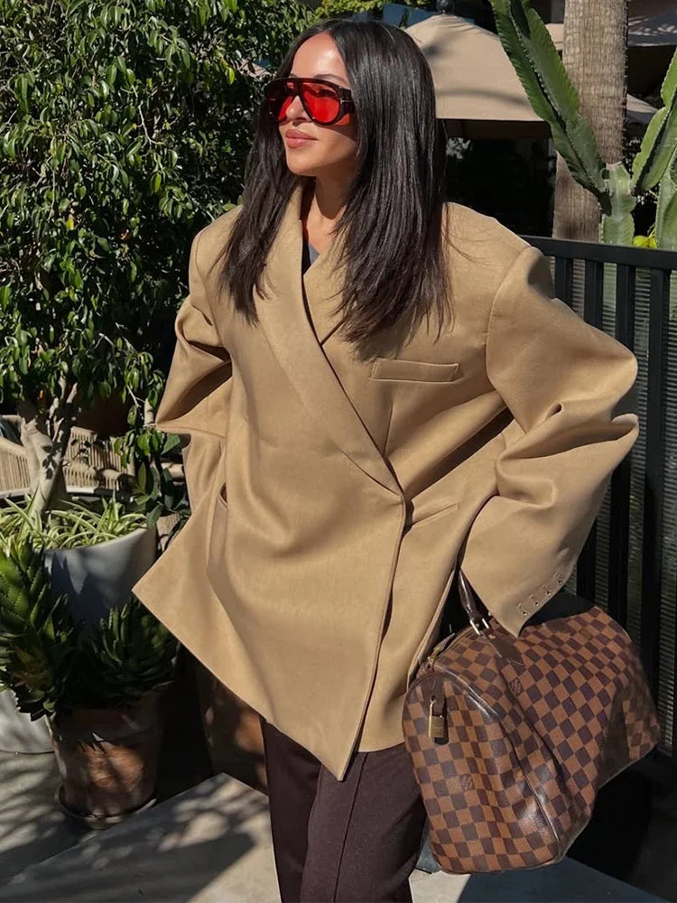 Casual Solid Women Blazer Coat Fashion Lapel Long Sleeve One Button Loose Outerwear Autumn Female Chic High Street Overcoat