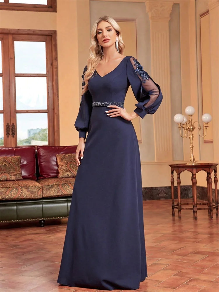 Luxury Empty Long Sleeves Applique Floor Length Evening Dresses Women Elegant Weedding Party V-neck Cocktail Gowns