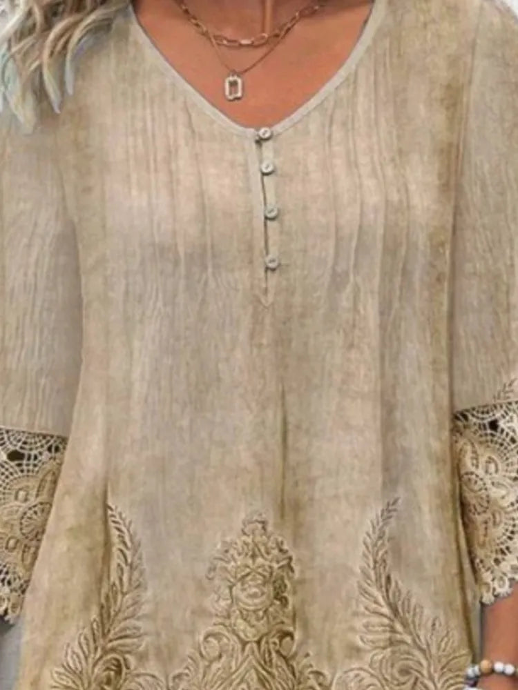 Vintage Solid Color Lace Dress Women Spring Summer Fashion V-neck Button Loose Casual Dresses Female 2025 Holiday Robe Femme