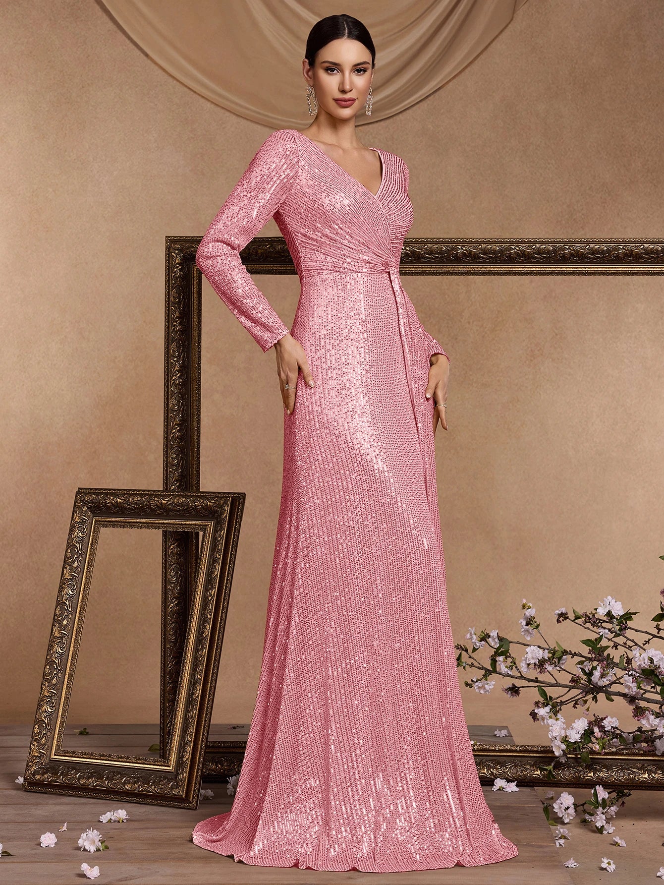 Luxury Pink Floor Length V-Neck Evening Dresses Women Elegant Party Maxi Dress Sequin Long Sleeves Prom Cocktail Dress Gowns