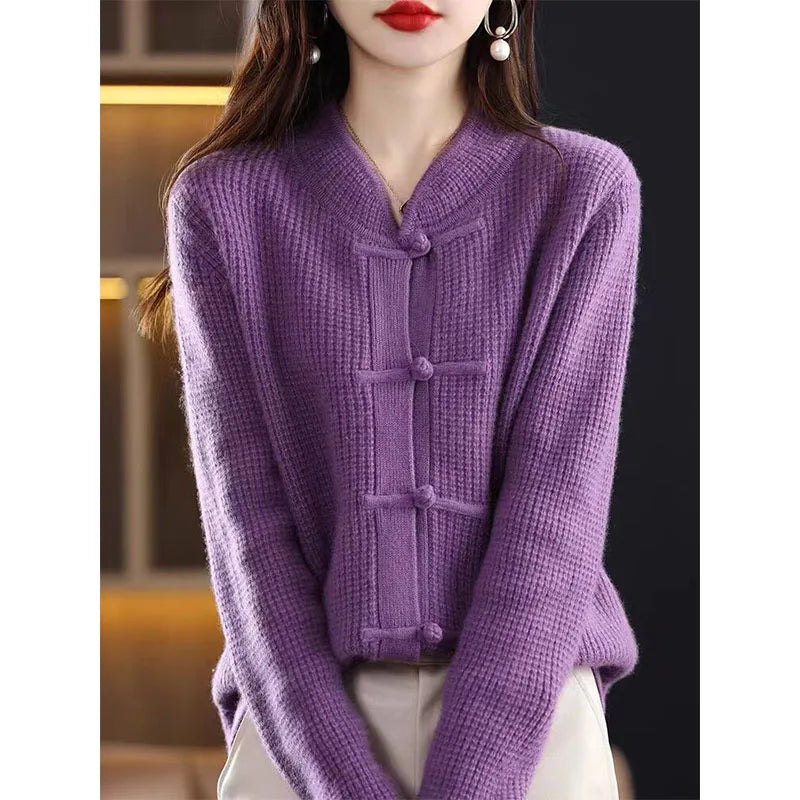 Chinese Style Autumn Winner Sweaters Coats Women Solid Stand-up Collar Frog Vintage Fashion Long Sleeve Cardigan Knitted Tops