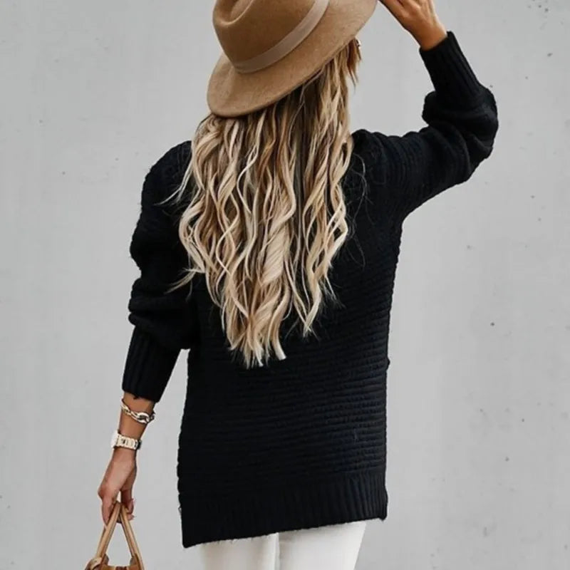 2025 New Loose Split Knitted Long Sleeve Thick Sweater Half High Neck Korean Fashion Pullover Autumn Winter Black Women Clothes