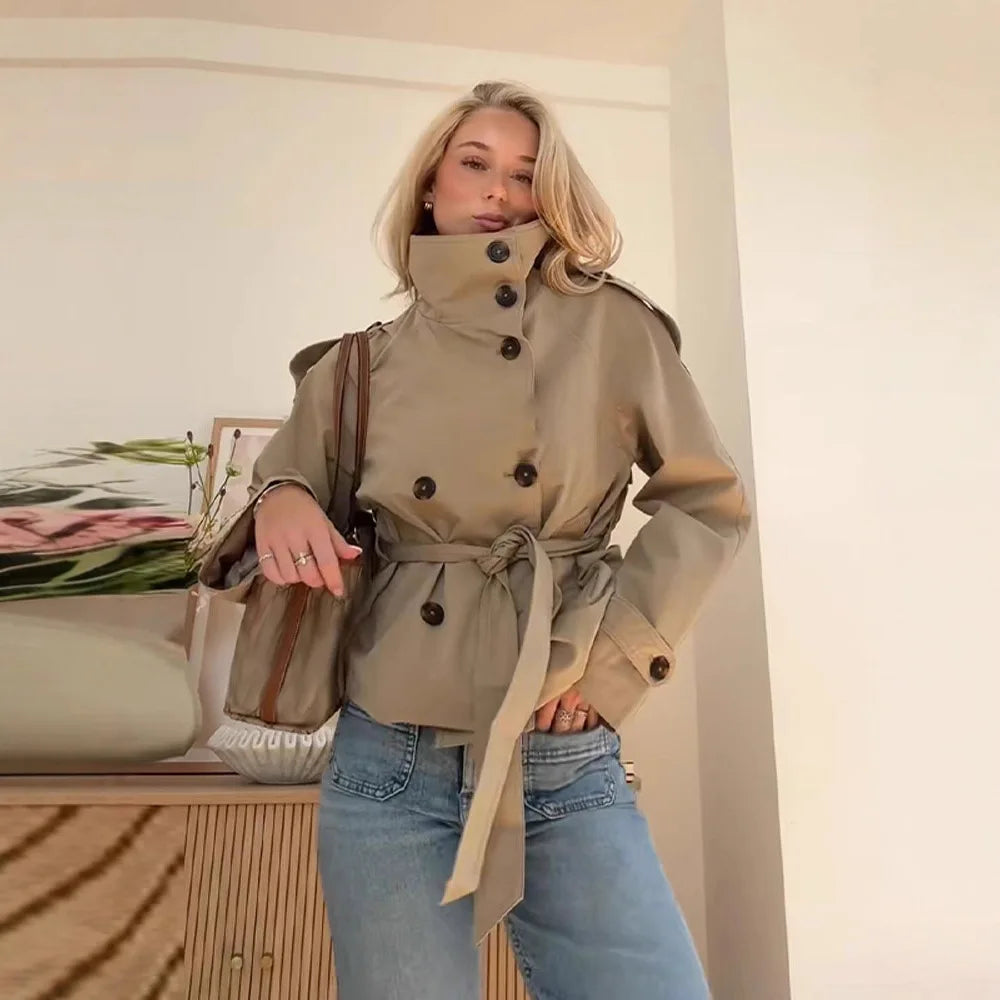 2025 New Autumn Women's Chic Stand Collar Double-breasted Belted Waist Cropped Trench Coat Shoulder Casual Street Outerwear