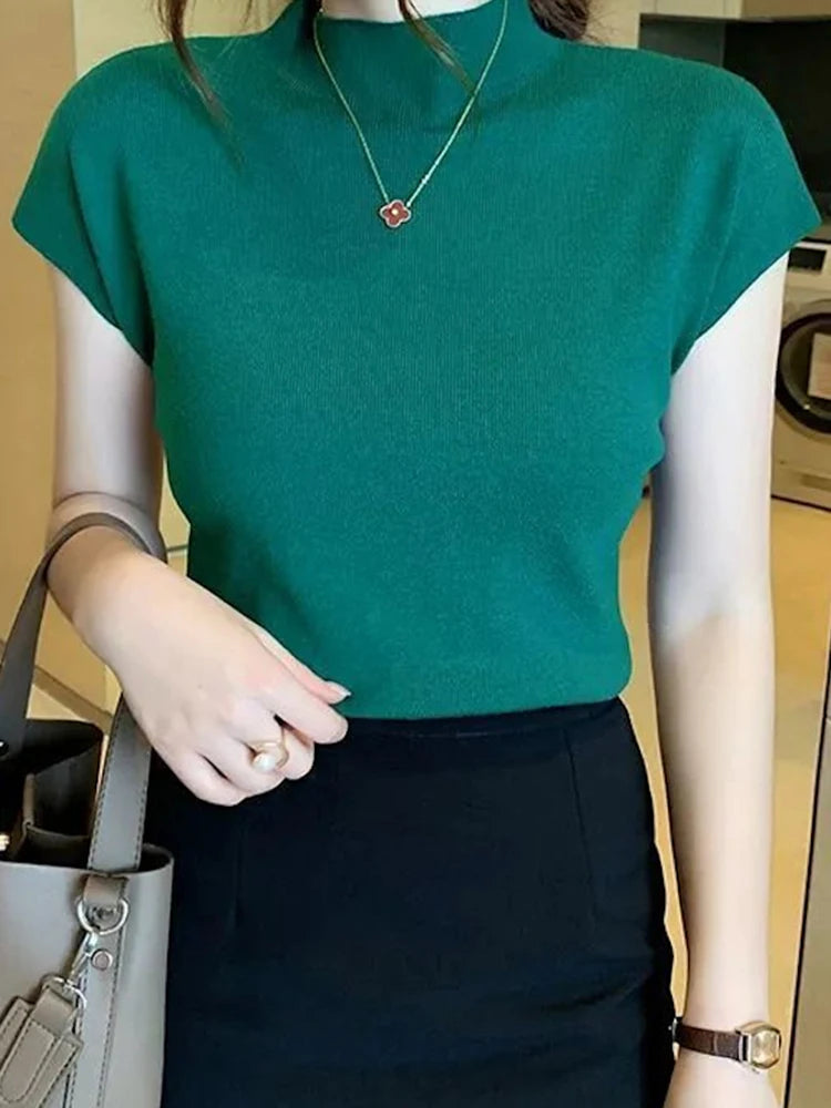 2025 Women Summer Knitted Turtleneck Sleeveless T-Shirts Tops Solid Slim Fit Pullovers Causal Tees Female Streetwear Basics Tees