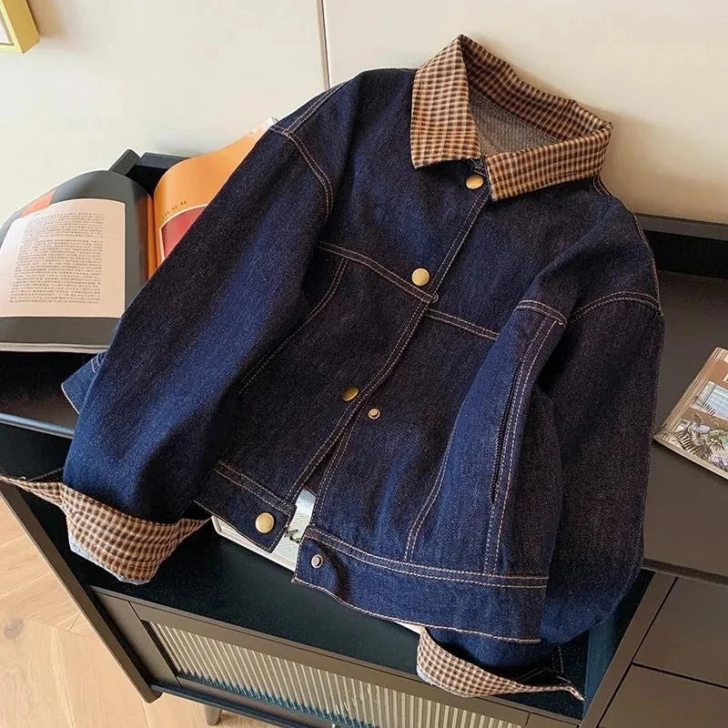 Women Vintage Denim Coat Fall Winter Plaid Patchwork Button Long Sleeve Jacket Loose Casual Simple Retro Streetwear New Jackets