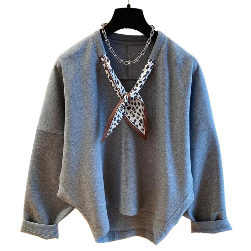 Women's Solid Color Sweatshirt with Scarf V-Neck Long Sleeve Pullover Tops Loose Casual Hoodie Woman Clothing