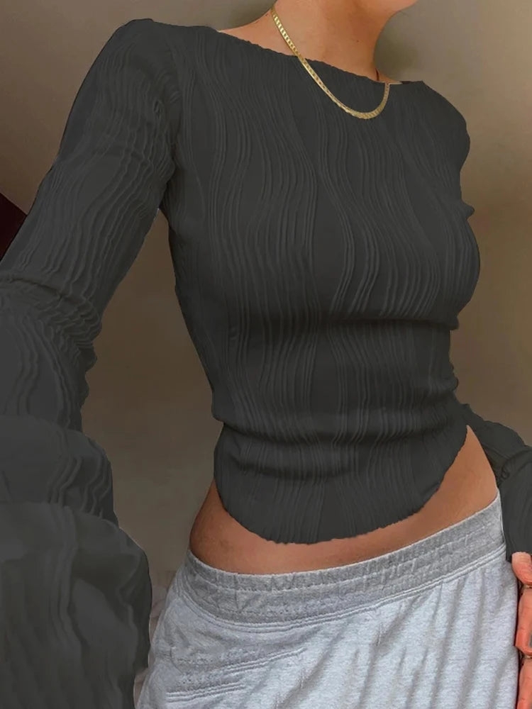 2025 Ruched Long Sleeve T Shirts Women Casual White Skinny Black Basic Tee Fashion Street Cropped Top Y2K Clothes T-shirt