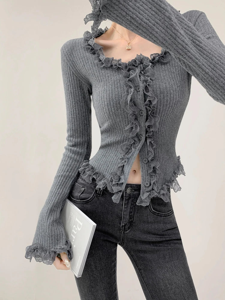 2025 Square Collar Lace Edge Splicing Long Sleeve Knitted Sweater Women's Retro Short Style Slim Tops Single-breasted Cardigan