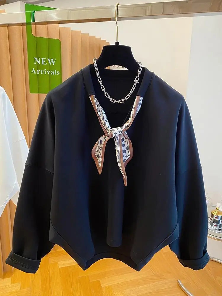 Women's Solid Color Sweatshirt with Scarf V-Neck Long Sleeve Pullover Tops Loose Casual Hoodie Woman Clothing