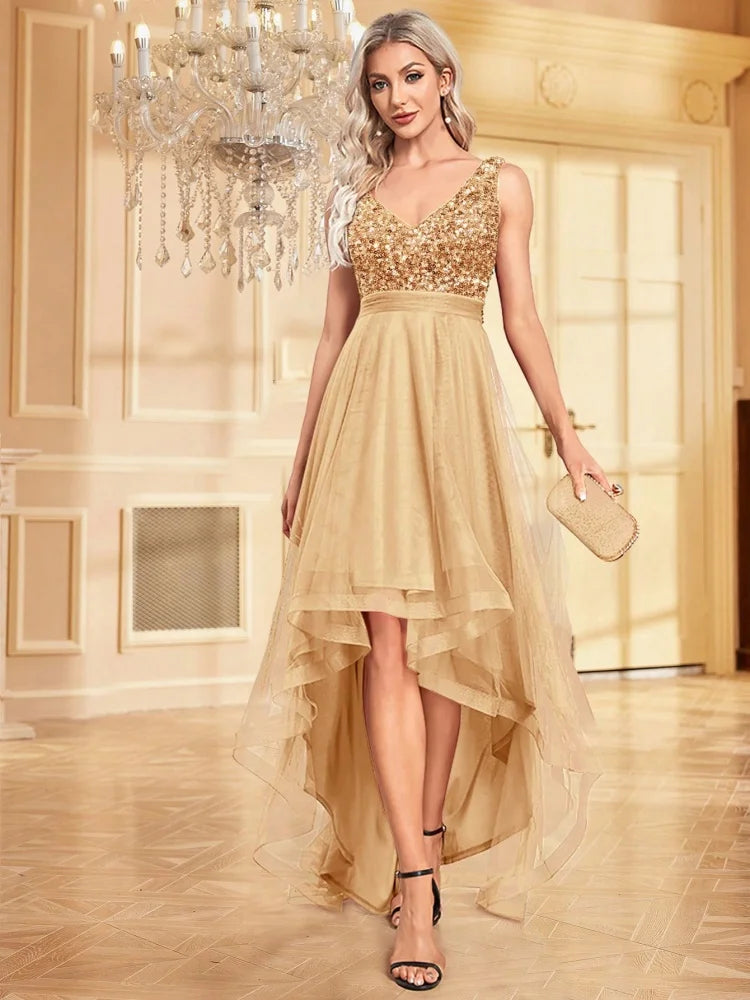 Elegant Women Sleeveless Sequins Floor Length Formal Evening Dresses Luxury V-neck Wedding Party Cocktail Gowns