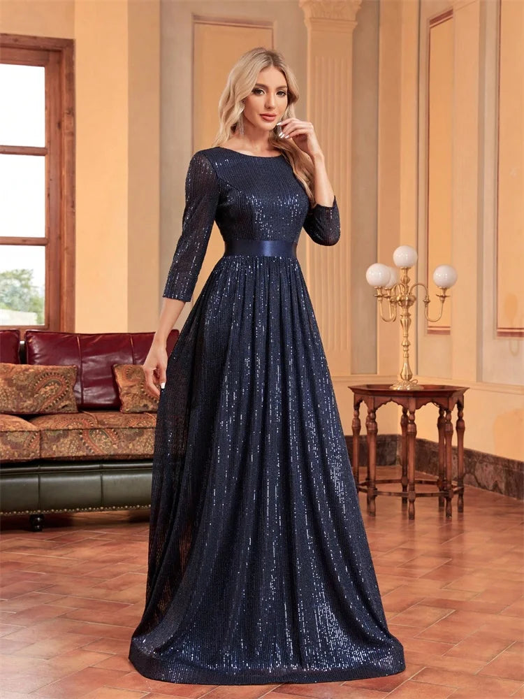 Luxury O-Neck Long Sleeves Blue A-line Sequins Formal Evening Dresses Women V-back Slim Wedding Party Prom Maxi Cocktail Gowns