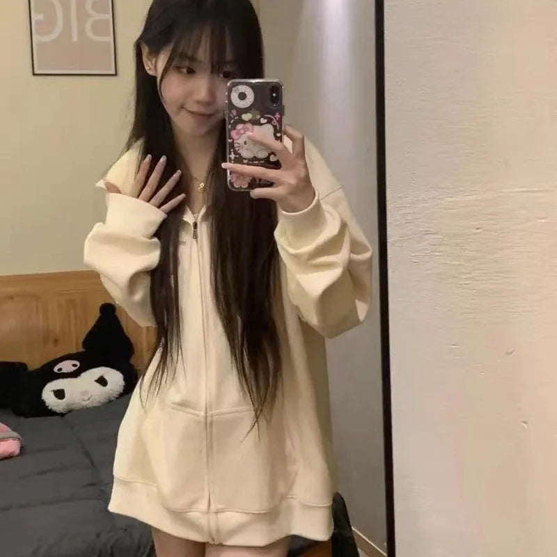 Women Embroidery Print Sporty Chic Hoodies Casual Zip Up Long Sleeve Loose Jacket Coats Harajuku Hooded Sweatshirts Streetwear