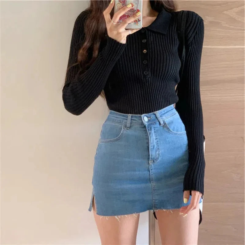 Autumn Winter Polo Collar New Long Sleeve Inner Pullovers Bottom Knitted Shirt Women's Clothing Slim Short Style Chic Sweaters