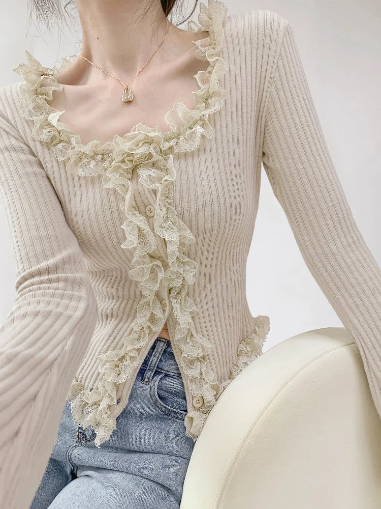 2025 Square Collar Lace Edge Splicing Long Sleeve Knitted Sweater Women's Retro Short Style Slim Tops Single-breasted Cardigan