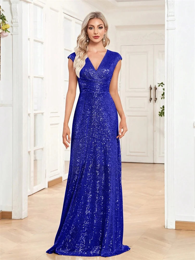 2025 Women Elegant V-neck Mermaid Evening Dress Floor Length Formal Blue Prom Party Gown Sequins Sleeveless Vestidos