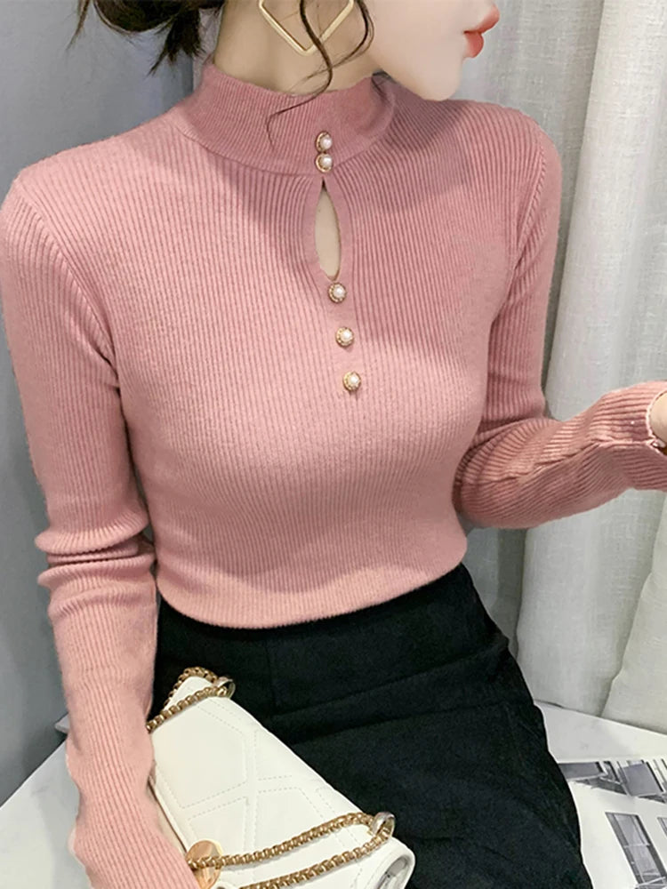 Autumn Winter Pullovers Women Hollow-out Sweaters Long Sleeve Half High Collar Sweater Female Slim Korean Knitwears Tops 2025