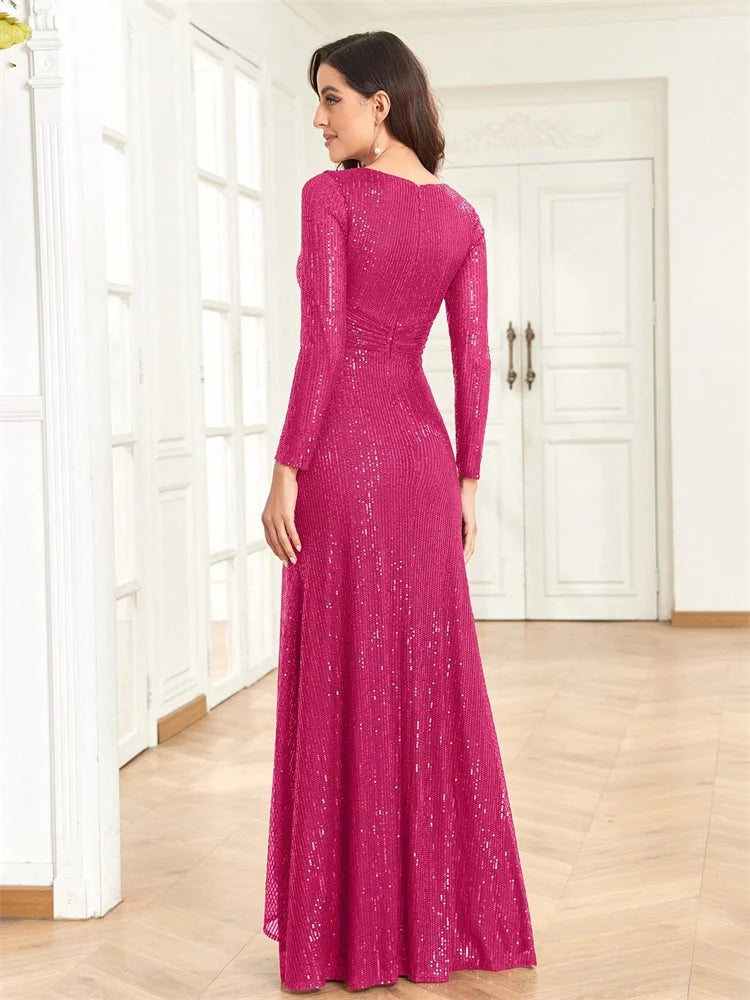 Luxury Floor Length V-Neck Evening Dresses Women Elegant Party Maxi Dress Sequin Long Sleeves Prom Cocktail Dress Gowns