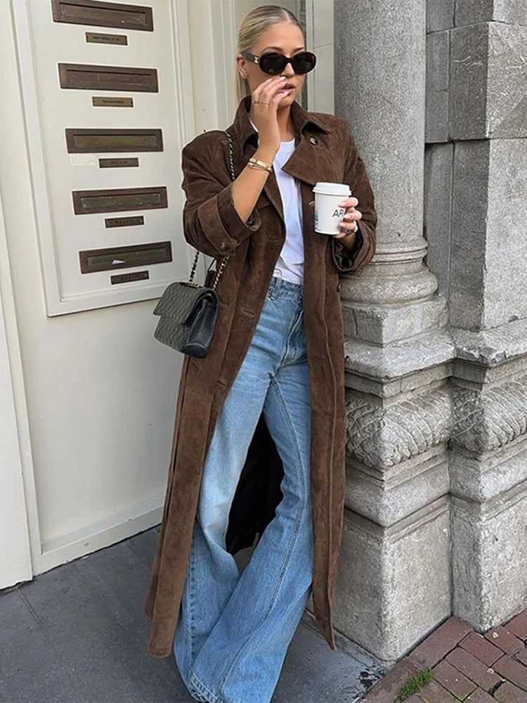 Casual Autumn Suede Women Long Coat Elegant Turn-down Collar Lace Up Long Sleeve Female Split Jacket Fashion Lady Office Outwear