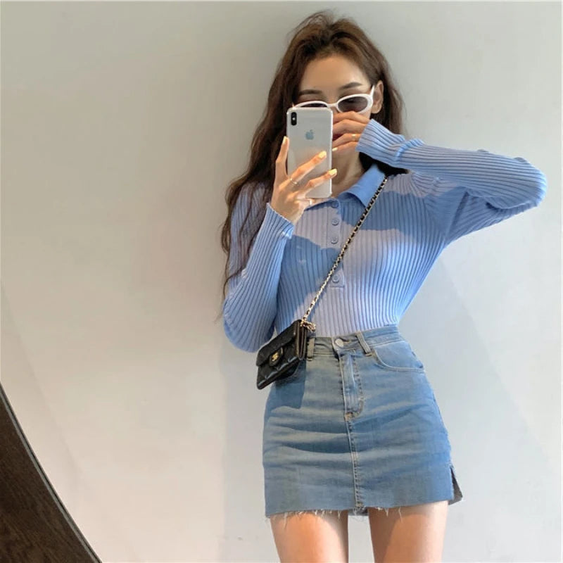 Autumn Winter Polo Collar New Long Sleeve Inner Pullovers Bottom Knitted Shirt Women's Clothing Slim Short Style Chic Sweaters