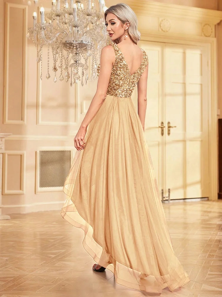 Elegant Women Sleeveless Sequins Floor Length Formal Evening Dresses Luxury V-neck Wedding Party Cocktail Gowns