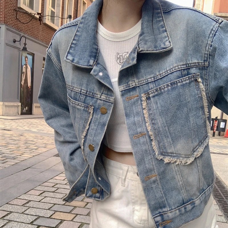 Denim Jackets Women Coats Single Breasted Short Coat Casual Loose Turn Down Collar Y2k Streetwear Mom Jeans Splice Jacket 2025
