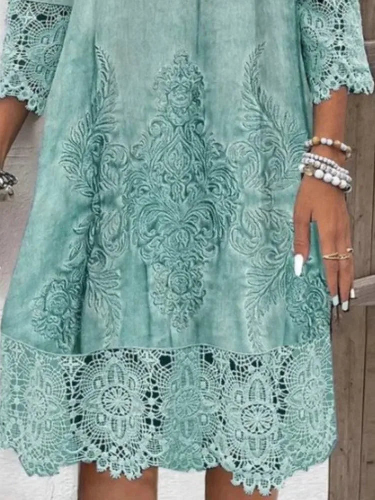 Vintage Solid Color Lace Dress Women Spring Summer Fashion V-neck Button Loose Casual Dresses Female 2025 Holiday Robe Femme