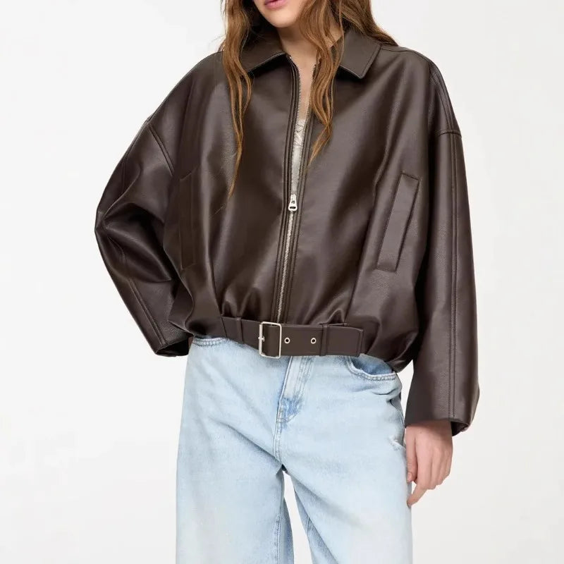 2025 Women's Autumn and Winter Retro Jacket Casual Synthetic Leather Zipper Top