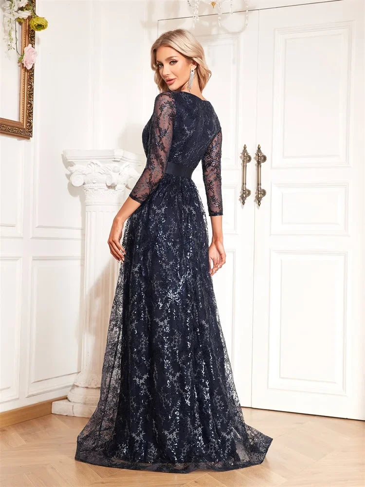 New Elegant Blue V-Neck Floral Evening Dress Long 2025 Luxury Women Long Sleeve Wedding Party Cocktail Dress Prom