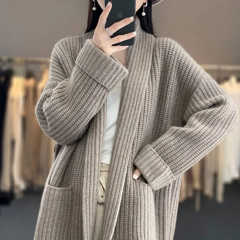 New Fashion Women's Knitted Solid Color Sweater Jacket with Pocket Lapel Cardigan Long Sleeve Casual Top