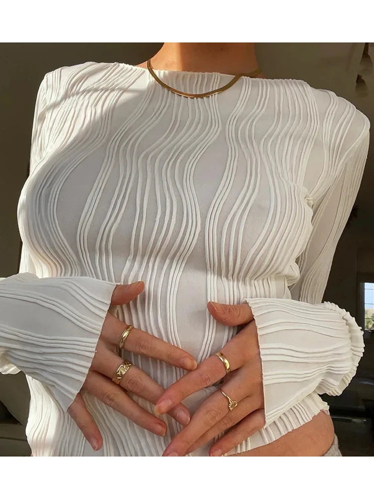 2025 Ruched Long Sleeve T Shirts Women Casual White Skinny Black Basic Tee Fashion Street Cropped Top Y2K Clothes T-shirt