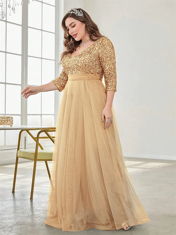 Plus Size Elegant V-neck Sequins Splicing Evening Dresses Luxury Women Wedding Party Prom Long Sleeve Cocktail Gowns
