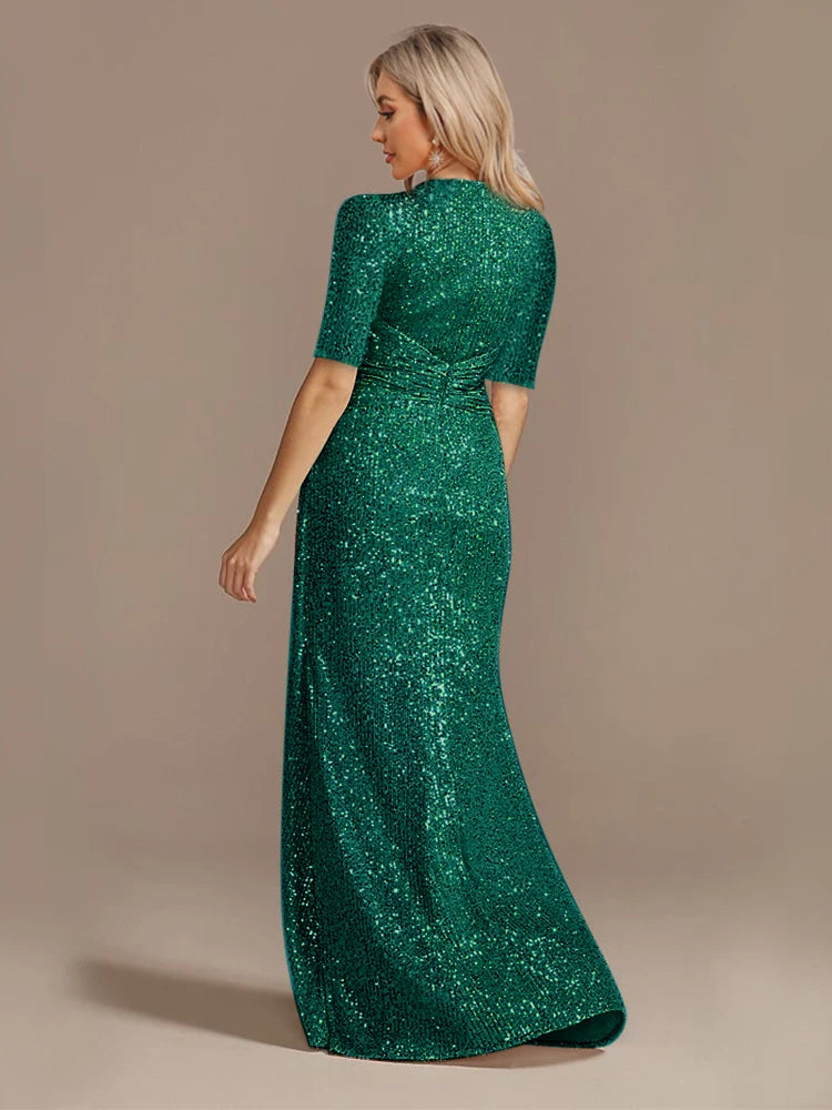 Luxury Green Floor Length V-Neck Evening Dresses Women Elegant Party Maxi Sequins Short Sleeves Prom Cocktail Gowns