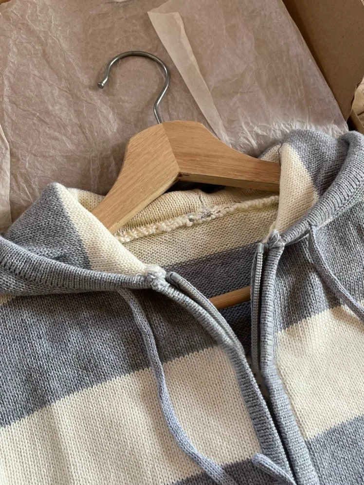 Striped Knitted Cropped Sweater Cardigan Women Autumn Long Sleeve Hooded Zipper Short Streetwear Knitwear Sweaters Y2K Crop Tops