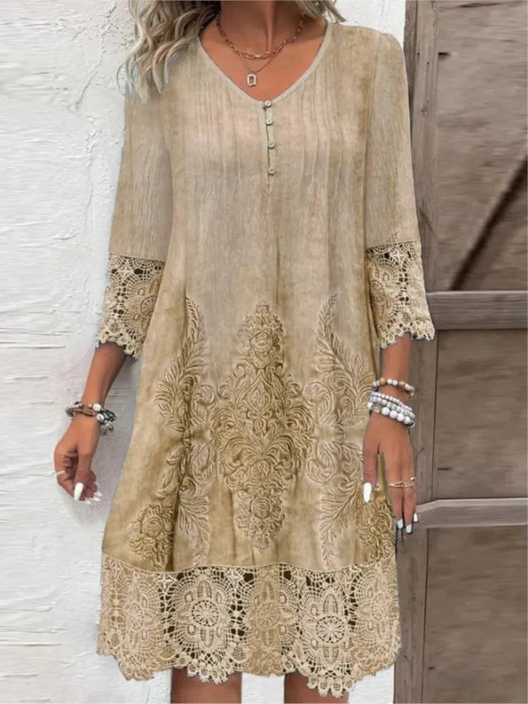Vintage Solid Color Lace Dress Women Spring Summer Fashion V-neck Button Loose Casual Dresses Female 2025 Holiday Robe Femme