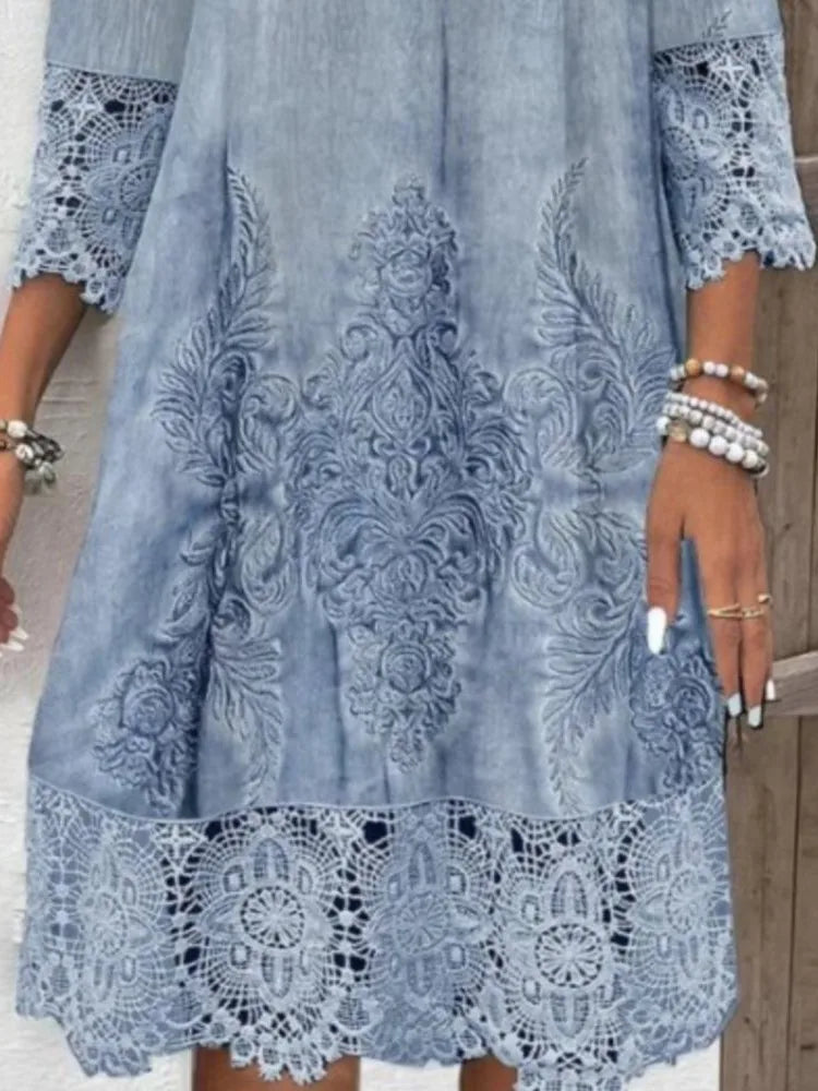 Vintage Solid Color Lace Dress Women Spring Summer Fashion V-neck Button Loose Casual Dresses Female 2025 Holiday Robe Femme