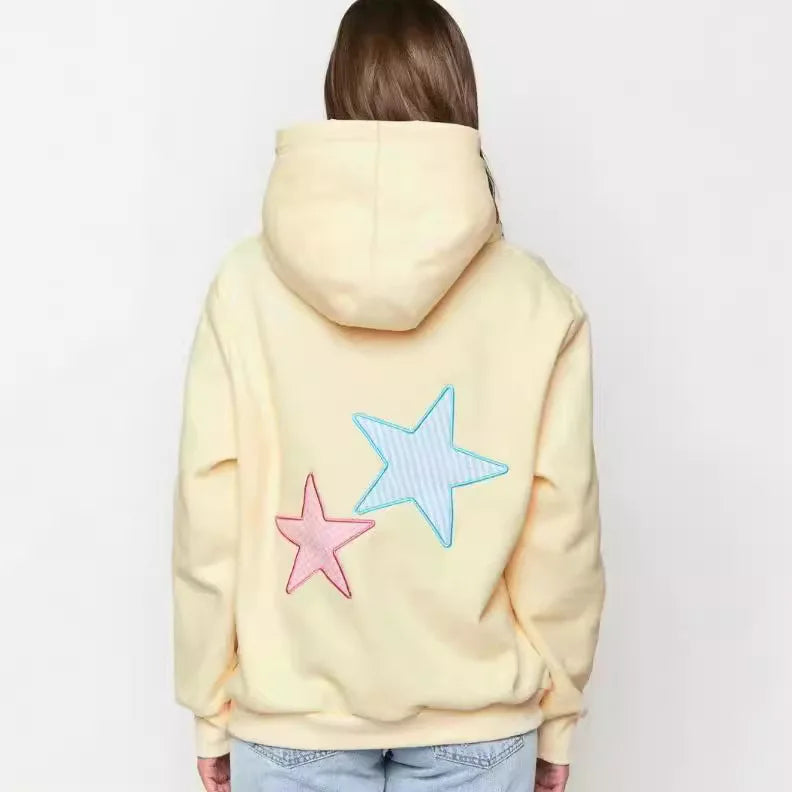Women's Fleece-Lined Hoodie with Solid Color Star Print, Kangaroo Pocket, and Drawstring