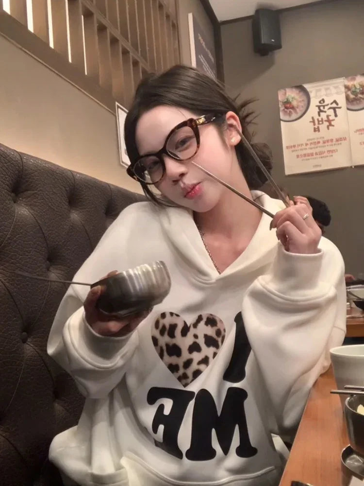 Korean Series Chic Leopard Print Letters Hood White Hoodie Women Autumn and Winter Fleece-lined Thickened Loose Pullover