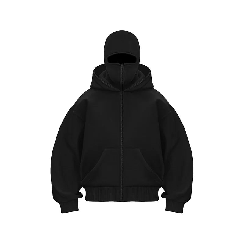 Balaclava Men Zip Hoodie Winter Warm Casual Sweatshirt Y2K with Hooded Face Mask Zipper Design Sports Jacket Outdoor Activities
