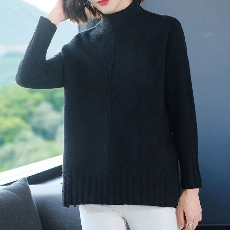 Women's Clothing Autumn Winter Round Neck Solid Color Pullover Long Sleeve Screw Thread Sweater Knitted Elegant Korean Tops